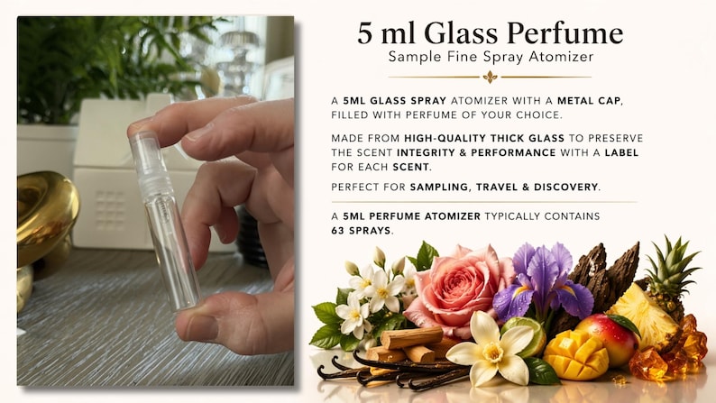 May include: A clear 5 ml glass perfume atomizer with a metal cap, held in a hand. The image includes text describing the atomizer's features and a colorful arrangement of flowers and fruits, suggesting a fragrance theme.
