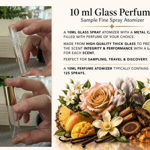 May include: A clear 10 ml glass perfume atomizer with a gold metal cap. The image shows the atomizer with and without the cap. Text on the right reads "10 ml Glass Perfume Sample Fine Spray Atomizer". The image also features a floral and fruit arrangement.