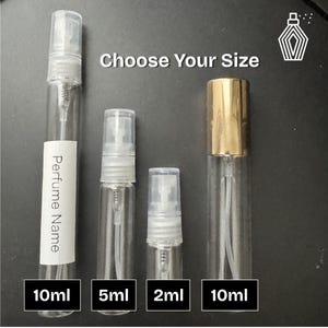 May include: Four clear glass perfume spray bottles of varying sizes, labeled 10ml, 5ml, 2ml, and 10ml. One bottle has a gold cap. The text "Choose Your Size" is above the bottles. One bottle has a label that says "Perfume Name".