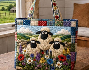 Sheep Tote Bag, Farm Animal Tote, Cute Sheep Gift, Quilted Lamb Bag, Country Cottage Tote, Sheep Lover Gift For Women