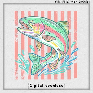 Peut inclure: Illustration colorée d'une truite arc-en-ciel sautant hors de l'eau. Le poisson est vert, rose, jaune et bleu, avec des éclaboussures d'eau et un fond rayé. Le texte "Digital download" est en bas.
