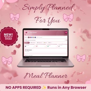 Coquette Speiseplaner mit Registerkarten oben, HTML-Einkaufstracker, automatischer Speicherfunktion, Webbrowser/Laptop, keine App erforderlich, niedliche rosa Schleifen (Digitaler Download)