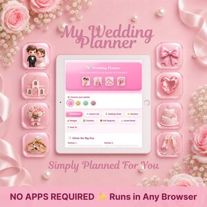 Ultimativer Hochzeitsplaner: Niedliche 3D-Glanzsymbole & interaktive HTML-Gästeliste, automatisches Speichern, Backup (Digitaler Download)