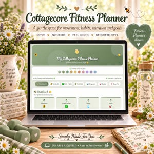 Può includere: Un computer portatile che mostra un pianificatore di fitness digitale intitolato My Cottagecore Fitness Planner con schede per dashboard, allenamenti, abitudini, nutrizione, progressi e obiettivi. Interfaccia verde con icone di girasoli.