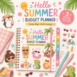 Könnte beinhalten: Ein spiralgebundener Hello Summer Budgetplaner mit weißem Einband, der Illustrationen von einem Bären, Hasen, Faultier und einer Schildkröte zeigt. Der Einband enthält den Text Hello Summer Budget Planner und Sunny days, smart savings. Enthält Stifte, Aufkleber und Klebeband.