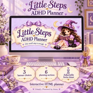 Könnte beinhalten: Ein Computermonitor zeigt den Little Steps ADHD Planner in Violett mit einer Hexenillustration, einer schwarzen Katze und dem Text One small step is enough. Darunter befinden sich drei wolkenförmige Etiketten mit Angaben zu 3 Banneroptionen, 6 Planungsabschnitten und einem einstellbaren Fokus-Timer für diesen interaktiven HTML-Planer.