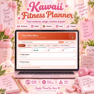 May include: A digital Kawaii Fitness Planner displayed on a laptop screen, featuring sections for workouts, weight, nutrition, and goals. The interface includes a dashboard with progress tracking, surrounded by pink-themed fitness accessories.
