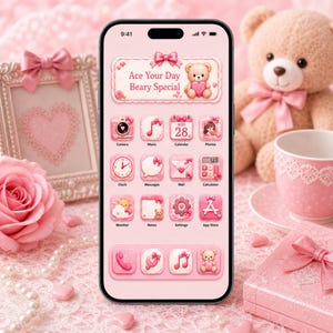 May include: A smartphone screen displaying a pink-themed user interface with a teddy bear motif. The top banner reads Ace Your Day Beary Special. The screen features various app icons including a camera, music, calendar, clock, and settings.