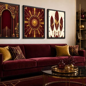 Neo Deco Burgundy Gold Wall Art Set of 3 Prints, Art Deco Arch Sunburst Feathers, Classic Dark Luxury Decor