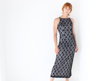 90s Black Lace Form Fitting, Sleek & Minimal Sexy Cocktail Gown / Party Dress