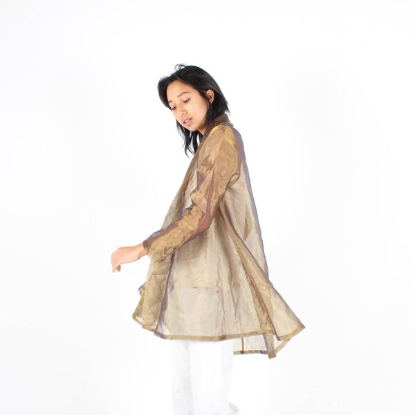 80s Holographic Duo Tone Metallic Gold Futuristic Slouchy Sheer Organza Swing Trench Coat Anorak Long Kimono Duster Jacket