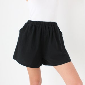 Cotton / Linen Blend Simple Black Elastic High Waist Flared Leg Minimal Shorts image 1