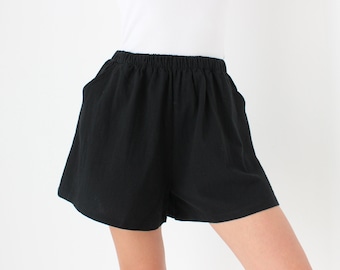 Cotton / Linen Blend Simple Black Elastic High Waist Flared Leg Minimal Shorts