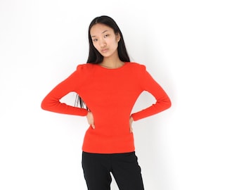 Y2K Angora Blend Bright Orange Ribbed Stretch Knit Crew Neck Fitted Sweater Top