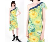 Sale Y2K DOLCE GABBANA Tie Dye Mesh Denim Asymmetric Abstract Wearable Art One Shoulder 00s Millennium Sheath Dress