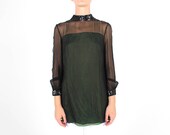 Sale 60s SILK Rayon SEQUIN Minimal Sheer Black Long Sleeve Longline Cocktail Top Blouse