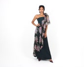 Divine 70s RUFFLE Sheer Floral Cascade One Shoulder Statement Asymmetric Garden Wedding Cocktail Maxi Dress - So Gucci