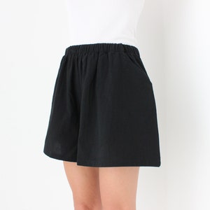 Cotton / Linen Blend Simple Black Elastic High Waist Flared Leg Minimal Shorts image 3