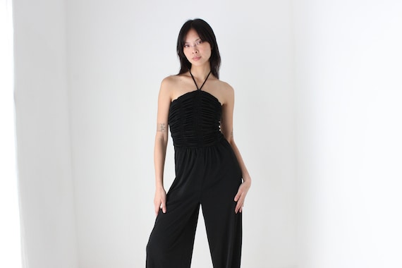 70s Ruched Fitted Halter Neck Harem Disco Studio 54 Jumpsuit
