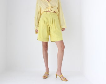80s European Made Lemon Yellow Denim / Cotton Longer Length "Mom" Cut High Waist Flared Leg Shorts