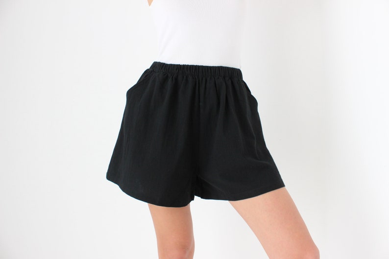 Cotton / Linen Blend Simple Black Elastic High Waist Flared Leg Minimal Shorts image 1