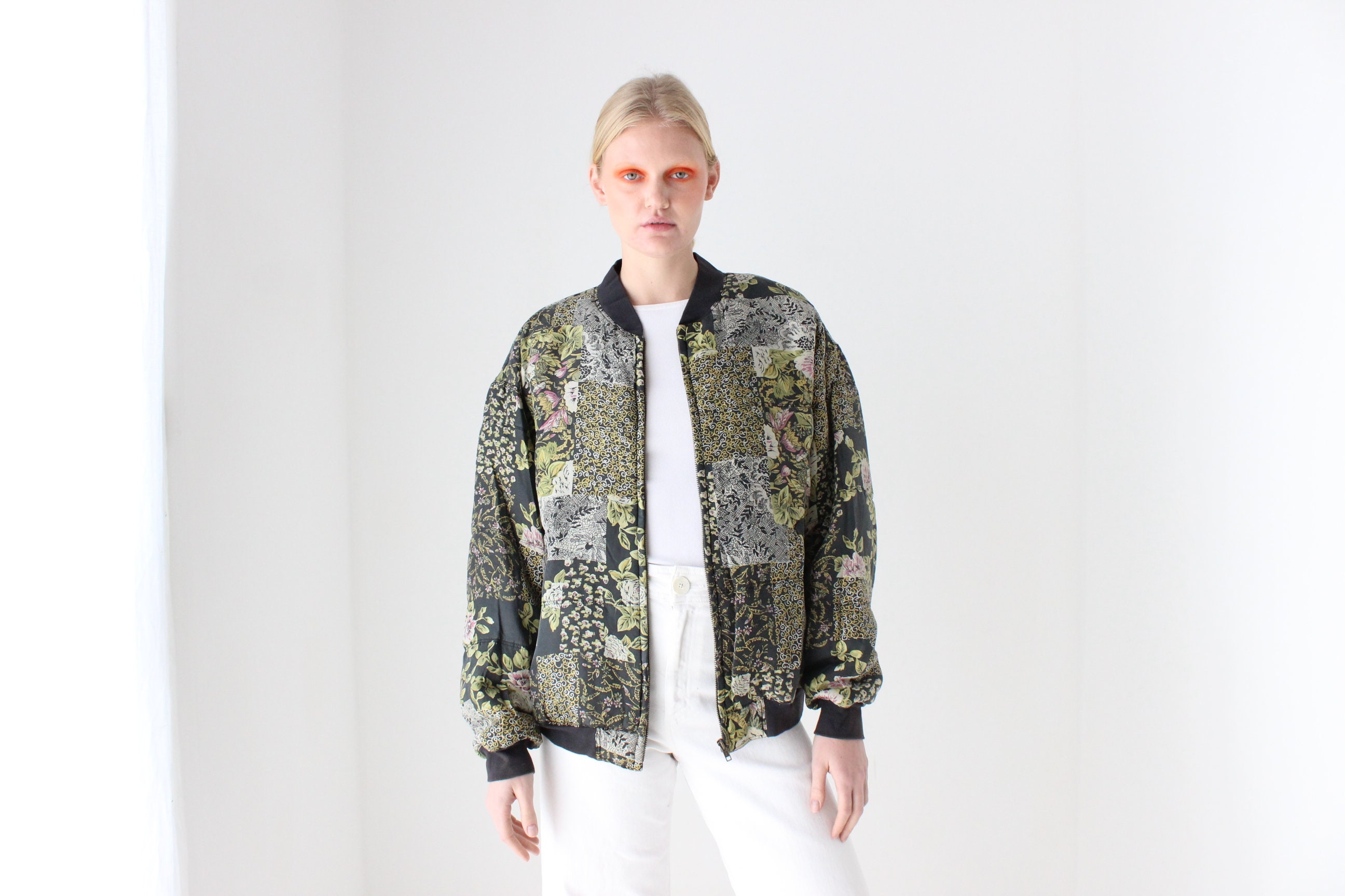 80s Pure Silk Floral Printed Warm Quilted Bomber Jacket Etsy