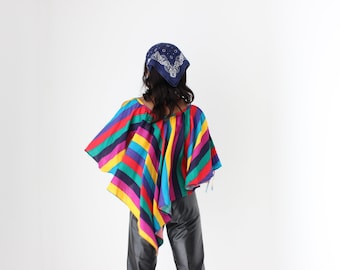 Fun 80s Rainbow Stripe Print Free Size Poncho Trapeze Tent Kaftan Top