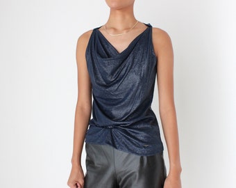 Y2K GUCCI by Tom Ford Midnight Metallic Oil Slick Lamé Draped Cowl Neck Holographic Disco Crop Top