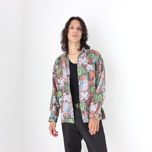 80s PURE SILK Printed Long Sleeve Button Up Unisex Shirt - Unworn Vintage Stock