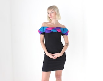 80s 'Marti' Black Crepe Cocktail Mini Dress w/ 3D Braided Plisse Off Shoulder Detail