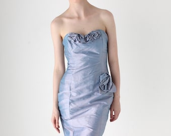 80er Jahre Rohseide irisierend Metallic Pastell Lila Cocktail Party Passendes zweiteiliges Kleid & Spitzen Bolero Set!