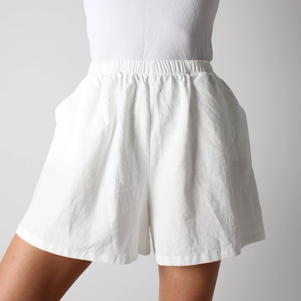 Cotton / Linen Simple White Elastic High Waist Flared Leg Minimal White Shorts