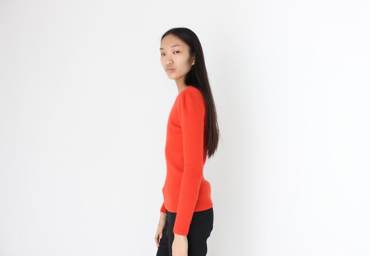 Y2K Angora Blend Bright Orange Ribbed Stretch Knit Crew Neck Fitted Sweater Top image 5