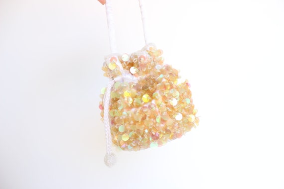 80s Sequin White Satin Mini Tiny Drawstring Wristl