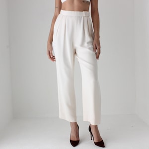 80s Bill Blass Perfectly Cut Ivory High Waist Relaxed Leg Bridal Trousers