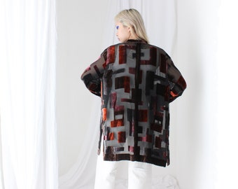 90s Luxury Silk Velvet Sheer Geometric Burnout Duster Kimono Robe or Top