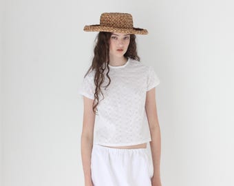 FRENCH COLLECTION Antique Vintage Broderie Anglaise Cotton White Tee Top