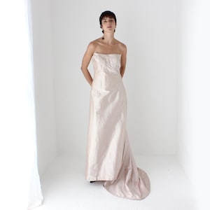 90s Mauve Silk Sculptural Bodice A-Line Strapless Wedding Gown