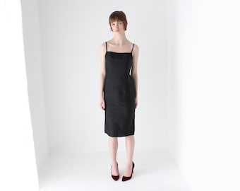 90er Jahre Reine Seide Minimal + Chic Gerader Ausschnitt Schwarzes Etuikleid