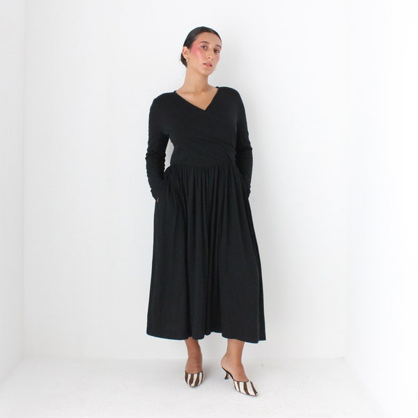 80s Sonia Rykiel Paris Wool & Angora Blend Knit Long Sleeve Black Minimal Wrap Dress