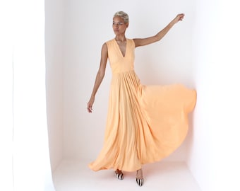 Showstopping 70s Luminescent Pastel Peach Orange Jersey Sweeping Full Circle Maxi Dress ~ Gorgeous Dramatic Avant Garde Gown by Tobé