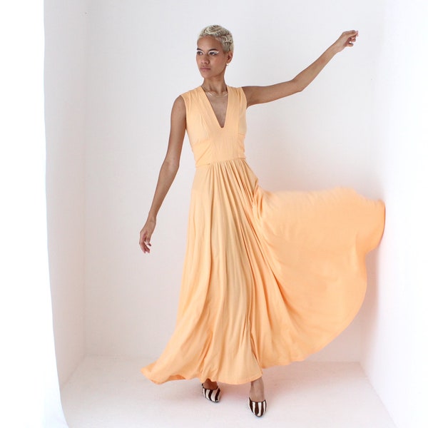 Showstopping 70s Luminescent Pastel Peach Orange Jersey Sweeping Full Circle Maxi Dress ~ Gorgeous Dramatic Avant Garde Gown by Tobé