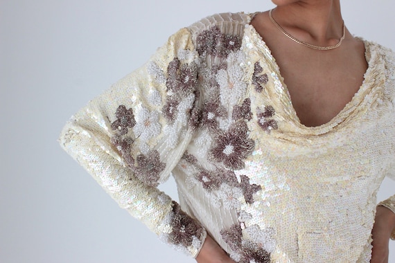 80s Intricately Hand Beaded Heavily Sequinned Cre… - image 2