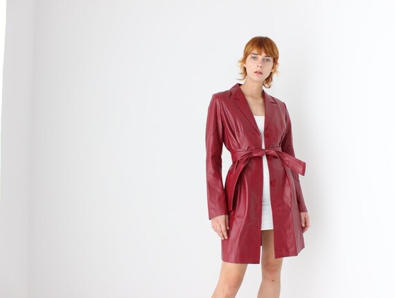 90s Deep Red Vinyl / PVC Vegan Leather Long Belted