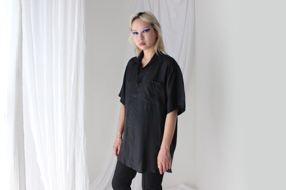 80s PURE SILK Ink Black Boxy Short Sleeve Button … - image 5