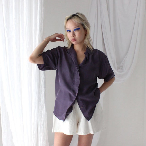 80s SANDWASHED SILK Purple Boxy Short Sleeve Button Up Unisex Shirt - Unworn Old Stock