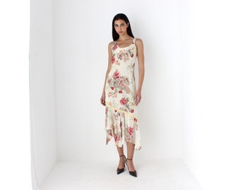 Y2K Asymmetric Floral Bias Cut Dress, Made in Spain