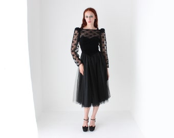 80s Sheer Black Lace, Velvet, Tulle & Taffeta Circle Skirt Party Dress
