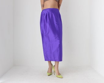 90s Purple Shantung Silk High Waist Pencil / Column Midi Skirt