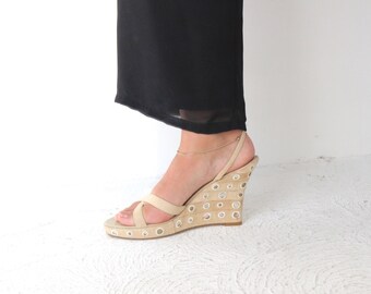 Y2K Mollini Canvas Mirror Embellished Espadrille Wedges Euro